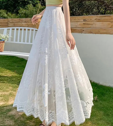 Spring Summer French Retro Solid Lace Slim Irregular Long Skirt Women High Waist Elegant Party Pleated Skirt Fashion Streetwear