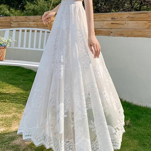 Load image into Gallery viewer, Spring Summer French Retro Solid Lace Slim Irregular Long Skirt Women High Waist Elegant Party Pleated Skirt Fashion Streetwear
