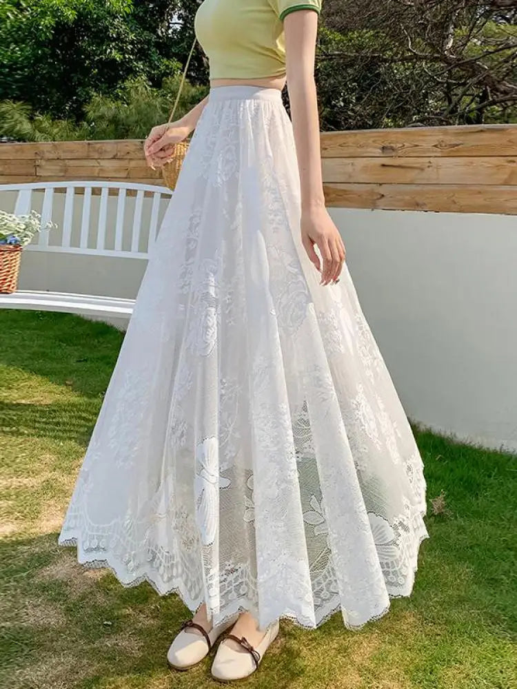 Spring Summer French Retro Solid Lace Slim Irregular Long Skirt Women High Waist Elegant Party Pleated Skirt Fashion Streetwear