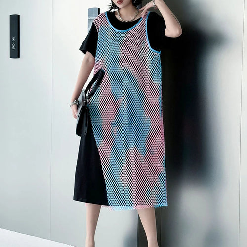 Load image into Gallery viewer, Women Green Colorful Spliced Big Size Midi Dress New Round Neck Short Sleeve Fashion Tide Spring Summer 2025 1DJ1155
