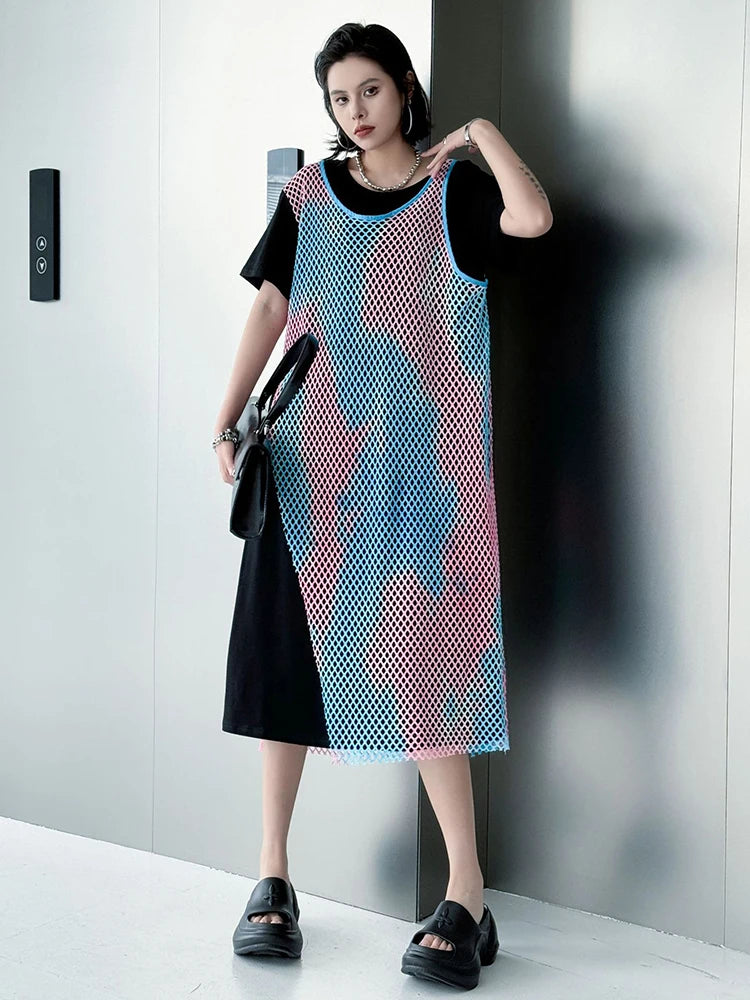 Women Green Colorful Spliced Big Size Midi Dress New Round Neck Short Sleeve Fashion Tide Spring Summer 2025 1DJ1155