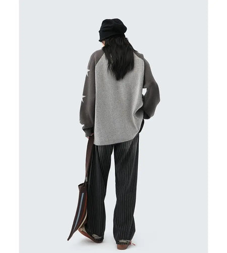 Vintage O-neck Cardigans Double Zipper Women Autumn Y2k Aesthetic Jacket Star Print Patchwork Color Sweater Korean