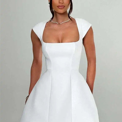 Load image into Gallery viewer, Square Collar Short Sleeve Mini Dress For Women Robe New Fashion Solid A-line Loose High Waist Short Dress Elegant
