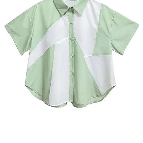 Load image into Gallery viewer, Women Green Color-block Big Size Casual Blouse New Lapel Short Sleeve Shirt Fashion Tide Spring Summer 2025 1DH9999
