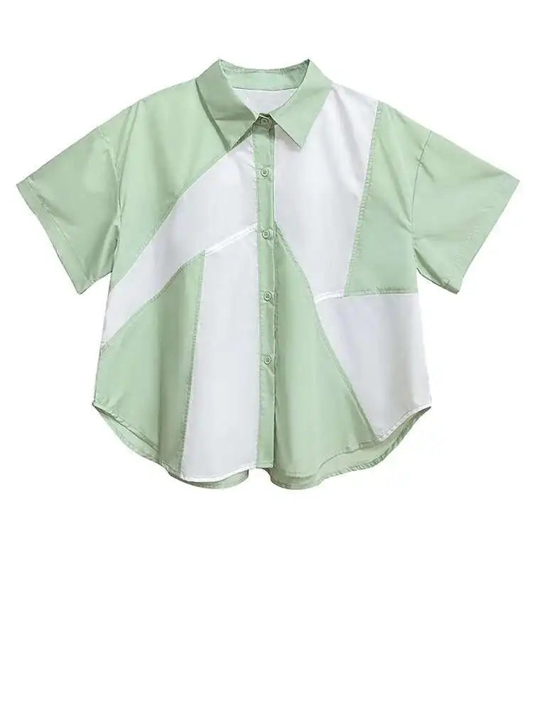 Women Green Color-block Big Size Casual Blouse New Lapel Short Sleeve Shirt Fashion Tide Spring Summer 2025 1DH9999