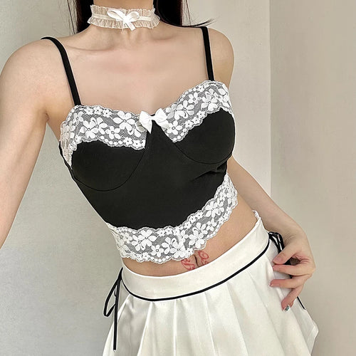 Load image into Gallery viewer, Streetwear Strap Lace Patchwork Summer Sexy Tops Camisole Contrast Color Y2K 90s Aesthetic Bow Mini Top Gothic Dark
