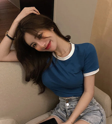 Women's Short Sleeve Crop Top O-neck T-Shirt Henley Shirts Short Sleeve Blouse Solid Color Ribbed Casual Blouse