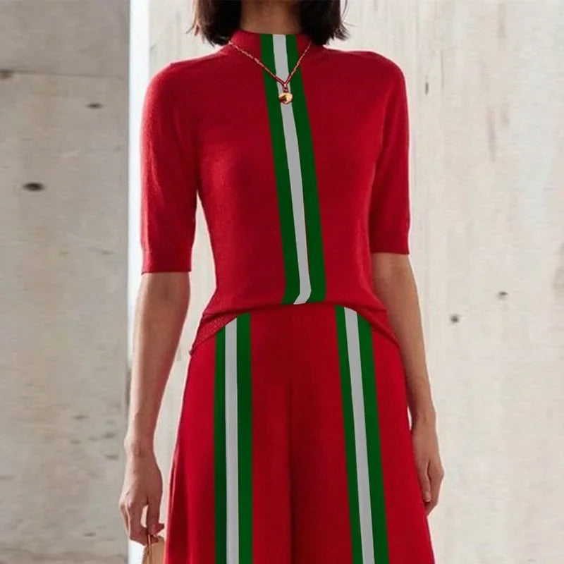 Summer Women Leisure Contrast Color Stripe Skinny T-Shirts Red Half Sleeves Mock Neck Woman Tops Office Lady