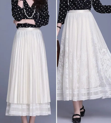Spring Summer French Vintage Black White Lace Slim Versatile Long Skirt Women Brown Beige High Waist Elegant Party Pleated Skirt