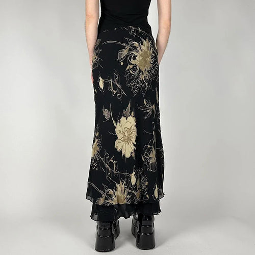 Load image into Gallery viewer, Vintage Gothic Low Rise Slim Long Skirt Women Mesh Patched Grunge Flowers Printing Chic Maxi Skirt Party Y2K Outfits
