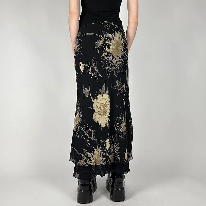 Vintage Gothic Low Rise Slim Long Skirt Women Mesh Patched Grunge Flowers Printing Chic Maxi Skirt Party Y2K Outfits