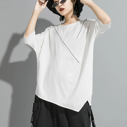 Load image into Gallery viewer, Women Black Asymmetrical Sittch Big Size T-shirt New Round Neck Long Sleeve  Fashion Tide  Spring Autumn 2025 1S185
