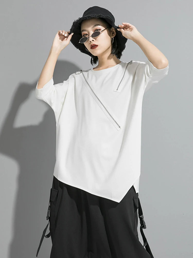 Women Black Asymmetrical Sittch Big Size T-shirt New Round Neck Long Sleeve  Fashion Tide  Spring Autumn 2025 1S185