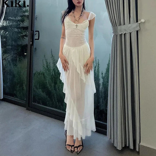 Load image into Gallery viewer, Sleeveless Ruffle Fit and Flare Dress See Through Mesh White Long Maxi Dresses Y2k Summer Clothes Women 2024 P95-EZ36
