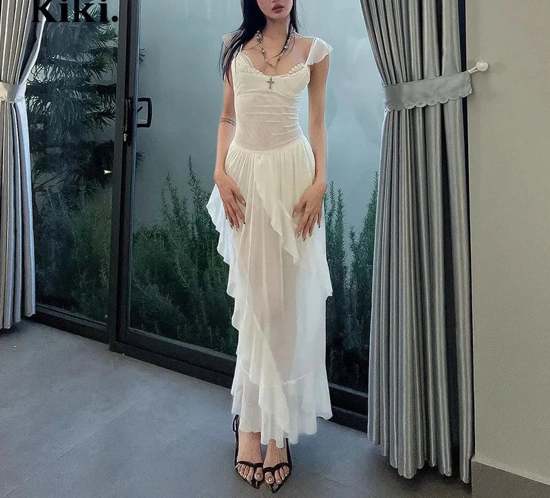 Sleeveless Ruffle Fit and Flare Dress See Through Mesh White Long Maxi Dresses Y2k Summer Clothes Women 2024 P95-EZ36