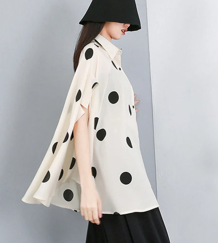 Women Black Dot Printed Big Size Blouse New Lapel Short Batwing Sleeve Shirt Fashion Tide Spring Summer 2025 1DE7714