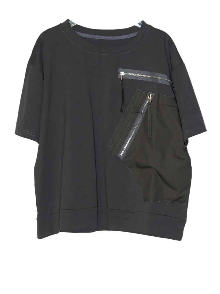 Women White Pocket Zipper Big Size Casual T-shirt New Round Neck Short Sleeve Fashion Tide Spring Summer 2025 1DJ0416