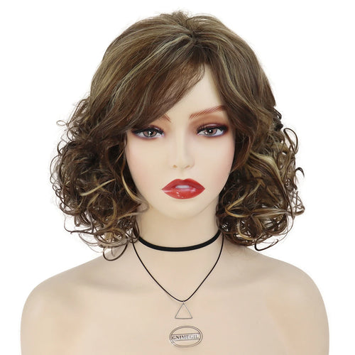 Load image into Gallery viewer, Synthetic Fiber Highlights Hairs Wigs for White Women Short Wig with Bangs Curly Wigs for Mother Gifts Brown Mommy Wig
