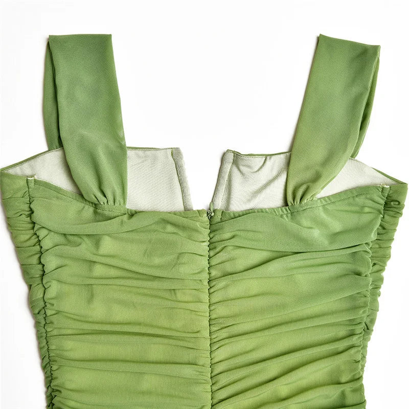 Mozision Hollow Out Backless Ruched Maxi Dress For Women Mesh Elegant Spaghetti Strap Sleeveless Bodycon Party Long Dress