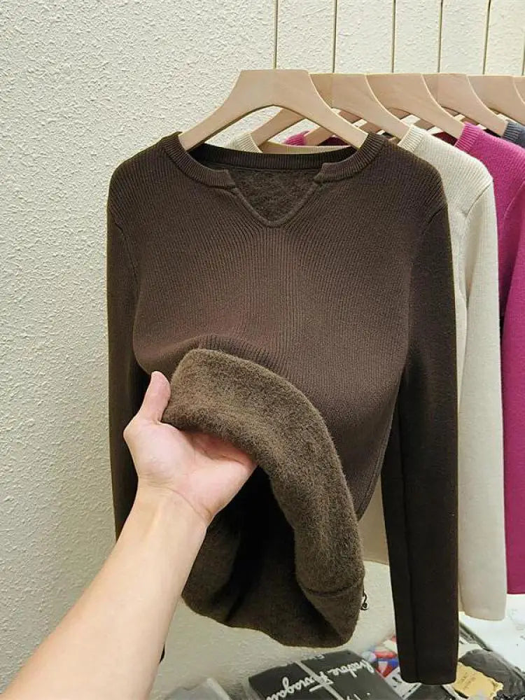 Autumn Winter Korean Fashion Solid V Neck Velvet Knit Crochet Sweater Women Warm Long Sleeve Pullovers Tops Casual Popular Trend