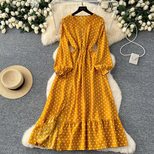 Load image into Gallery viewer, Vintage Elegant Women Yellow Dot Vacation Pleated Dress 2025 Autumn Fashion V-neck High Waist A-line Long Sleeve Party Dress New
