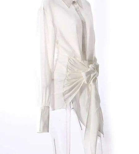 Women White Bandage Bow Big Size Long Elegant Blouse New Lapel Long Sleeve Shirt Fashion Tide Spring Autumn 2025 7AB8430