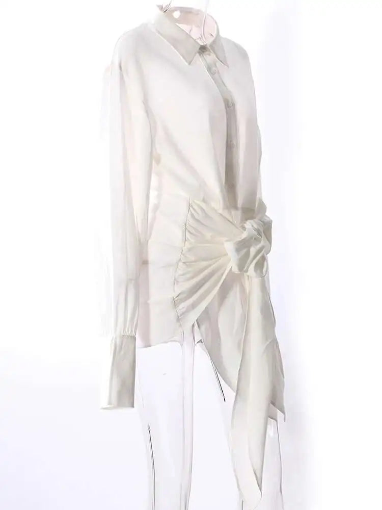 Women White Bandage Bow Big Size Long Elegant Blouse New Lapel Long Sleeve Shirt Fashion Tide Spring Autumn 2025 7AB8430