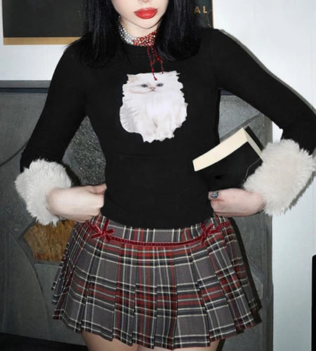 Fashion Fluffy Cat Print Winter T shirt Female Faux Fur Trim Long Sleeve Tee Kawaii Vintage Slim Crop Tops Round Neck