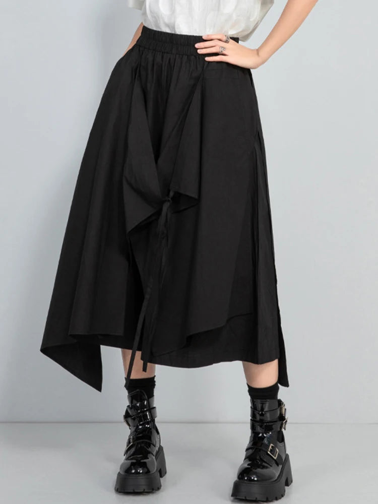 High Elastic Waist Black Irregular Bandage Wide Leg Pants New Trousers Women Fashion Tide Spring Autumn 2025 1DJ1029
