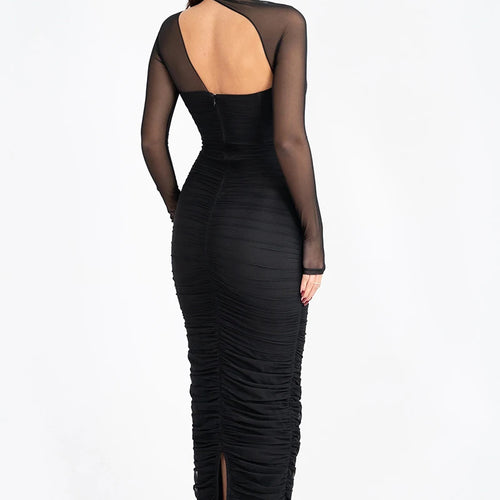 Load image into Gallery viewer, Mesh Long Sleeve Skew Collar Sexy Maxi Dress For Women Off-shoulder Backless Ruched Bodycon Club Party Long Dress
