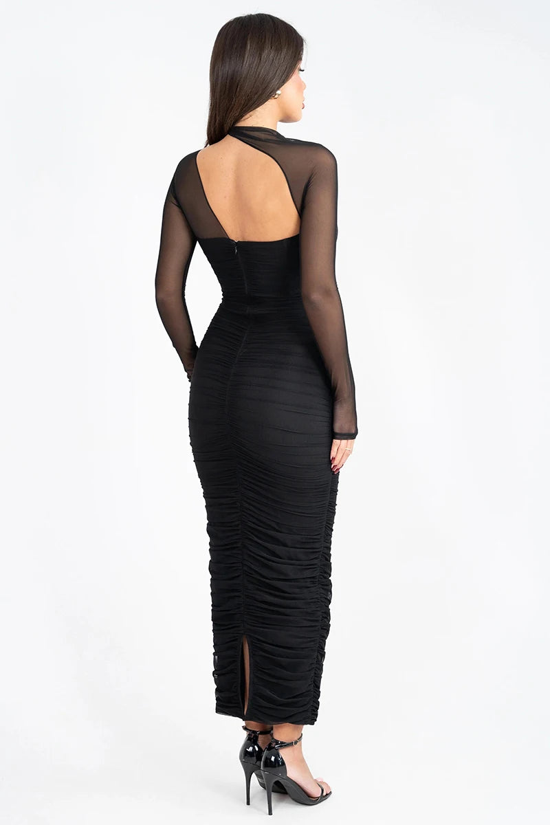 Mesh Long Sleeve Skew Collar Sexy Maxi Dress For Women Off-shoulder Backless Ruched Bodycon Club Party Long Dress