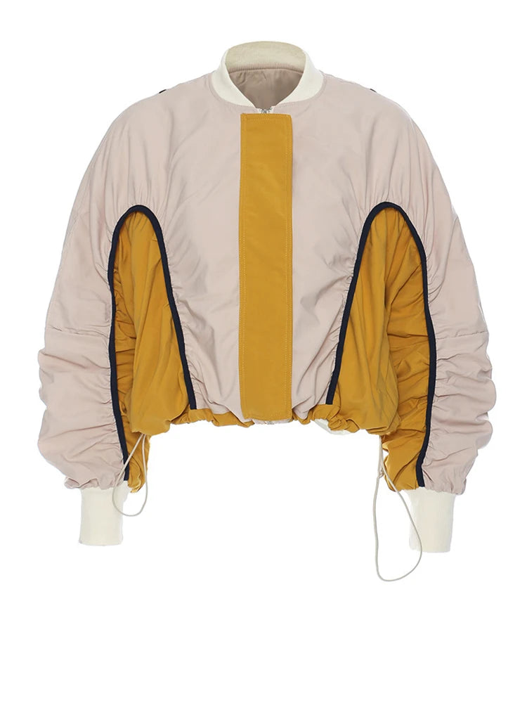 Khaki Color-block Drawstring Big Size Jacket New Stand Collar Long Sleeve Women Coat Fashion Spring Autumn 2025 1DH5645