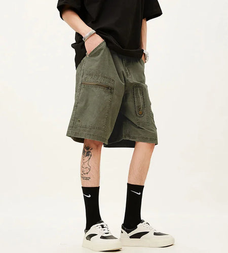 Men's Denim Shorts Summer Multi Pockets Zippers Design Straight Leg Trendy Casual Handsome Male Loose Pants 9W1713