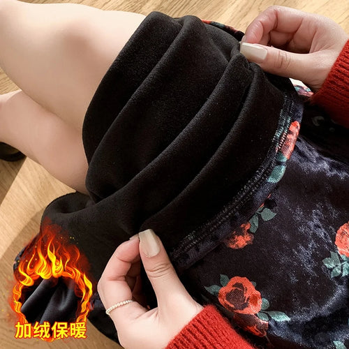 Load image into Gallery viewer, Black Red Floral Print Velvet Long Skirt Vintage Elastic High Waist Slim A-line Skirts Autumn Winter Fashion Women Bohemian Chic
