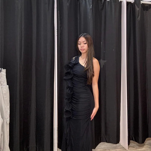 Load image into Gallery viewer, One Shoulder Draped Ruffle Maxi Dress Women Gown Fashion Diagonal Collar Backless Sleeveless Split Long Dress Elegant
