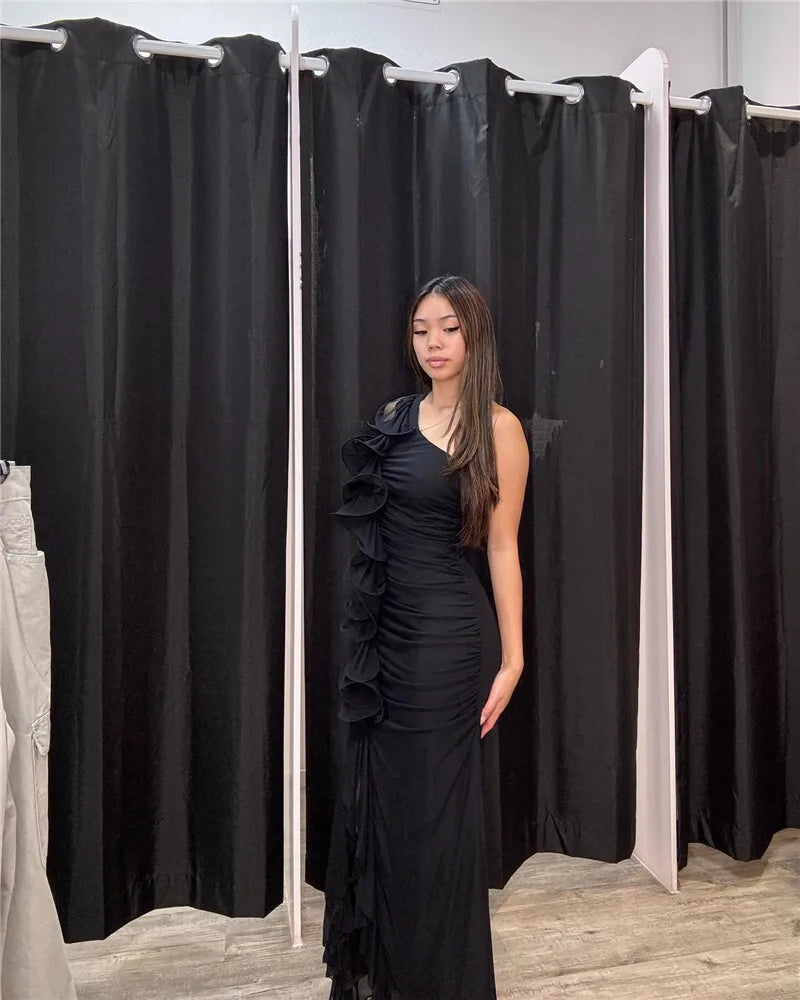 One Shoulder Draped Ruffle Maxi Dress Women Gown Fashion Diagonal Collar Backless Sleeveless Split Long Dress Elegant