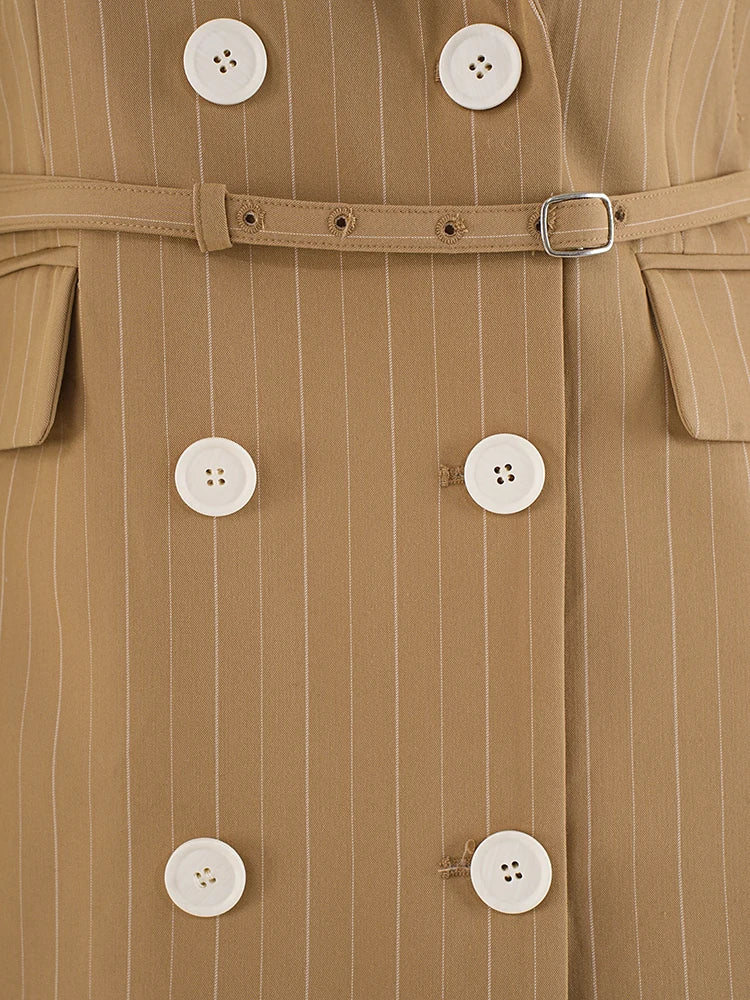 Women Khaki Striped Back Pleated Long Elegant Blazer New Lapel Long Sleeve Jacket Fashion Tide Spring Autumn 2025 CPDB201