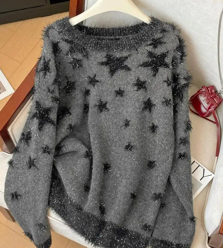 Korean Autumn Winter Grey Star Patchwork Elegant Pullover Short Sweater Women 2024 New Round Neck Long Sleeved Knitted Tops Chic