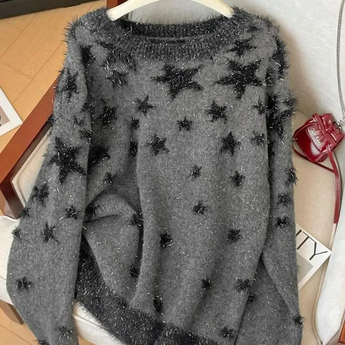 Load image into Gallery viewer, Korean Autumn Winter Grey Star Patchwork Elegant Pullover Short Sweater Women 2024 New Round Neck Long Sleeved Knitted Tops Chic
