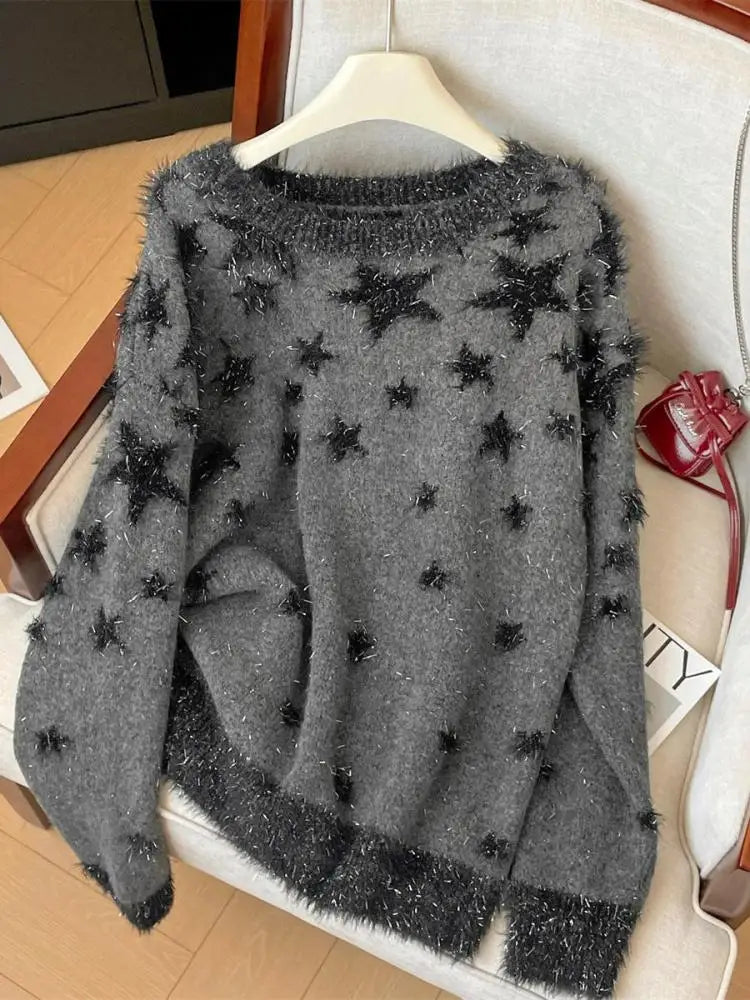 Korean Autumn Winter Grey Star Patchwork Elegant Pullover Short Sweater Women 2024 New Round Neck Long Sleeved Knitted Tops Chic