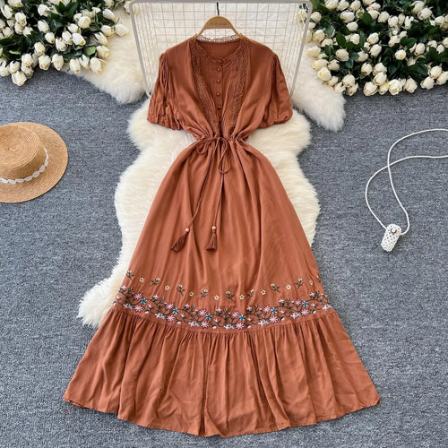 Load image into Gallery viewer, Retro 2024 Summer New Women's Round Neck Embroidered Lace Patchwork Lace Up Long Dresses Fashion Short Sleeves Button Dress Boho
