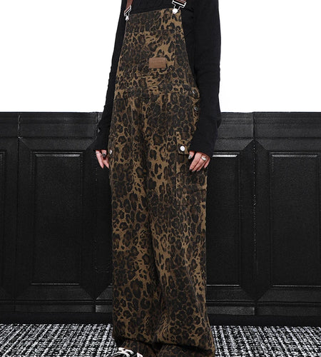 High Waist Leopard Print Denim Big Size Overalls Wide Leg Jeans New Women Trousers Fashion Tide Spring Autumn 2025 1DH9389