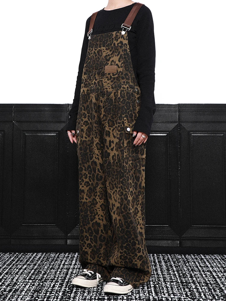 High Waist Leopard Print Denim Big Size Overalls Wide Leg Jeans New Women Trousers Fashion Tide Spring Autumn 2025 1DH9389