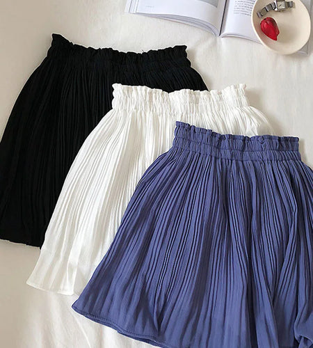 Women's Solid Chiffon Pleated Mini Skirt Elastic Waist Casual Beach Fashion Korean 2025 Summer Shorts Skirt