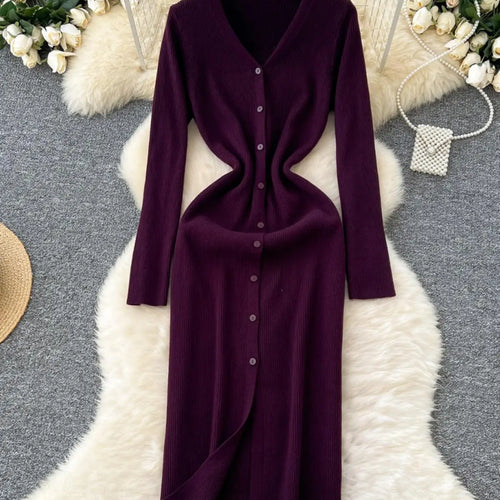 Load image into Gallery viewer, Korean Women Solid V-neck Single Breasted Festival Dresses Autumn Winter Slim Long Sleeve Office Knitted Dress Ladies Simplicity
