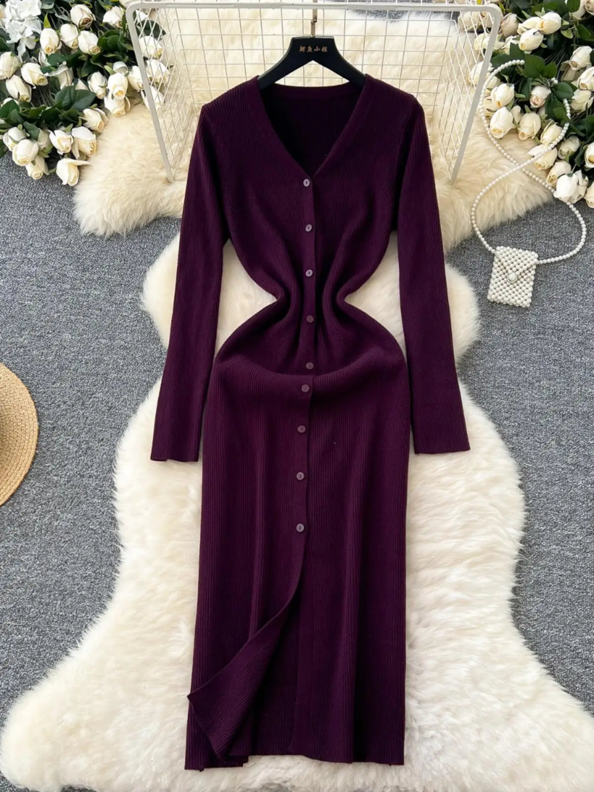 Korean Women Solid V-neck Single Breasted Festival Dresses Autumn Winter Slim Long Sleeve Office Knitted Dress Ladies Simplicity
