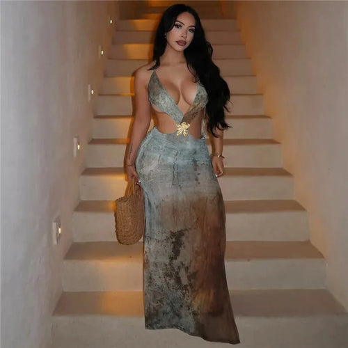 Load image into Gallery viewer, Halter Deep V Neck Print Sexy Maxi Dress For Women Gown Summer New Hollow Out Sleeveless Backless Beach Long Dress
