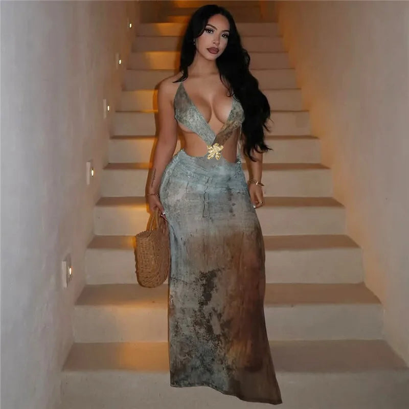 Halter Deep V Neck Print Sexy Maxi Dress For Women Gown Summer New Hollow Out Sleeveless Backless Beach Long Dress