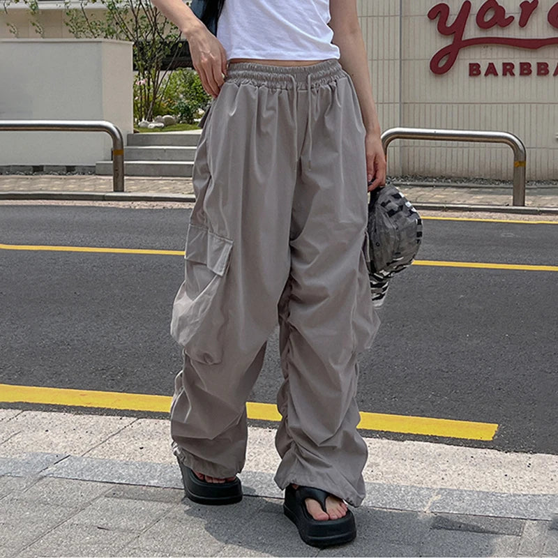 Harajuku Drawstring Elastic Waist Sweatpants Cargo Trousers Female Casual Shirring Pockets Stacked Pants Baggy Bottom