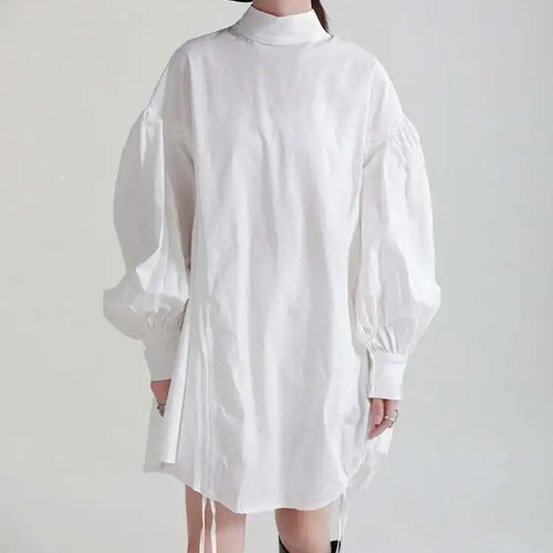 Load image into Gallery viewer, Women Balck Irregular Drawstring Big Size Dress New Stand Collar Long Sleeve Loose Fit Fashion Spring Autumn 2025 1Z18901
